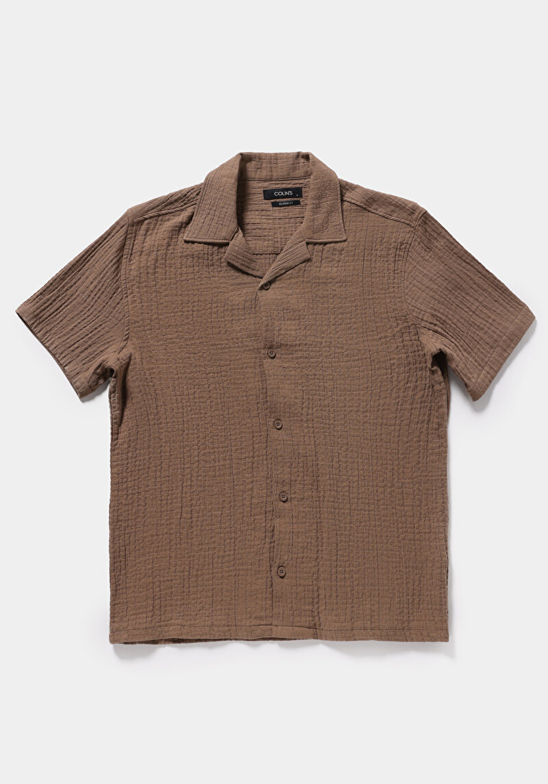 Relaxed Fit Apaj Yaka Düz Erkek Kahverengi Kısa Kol Gömlek