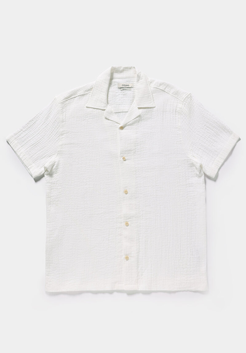Relaxed Fit Apaj Yaka Düz Erkek Beyaz Kısa Kol Gömlek