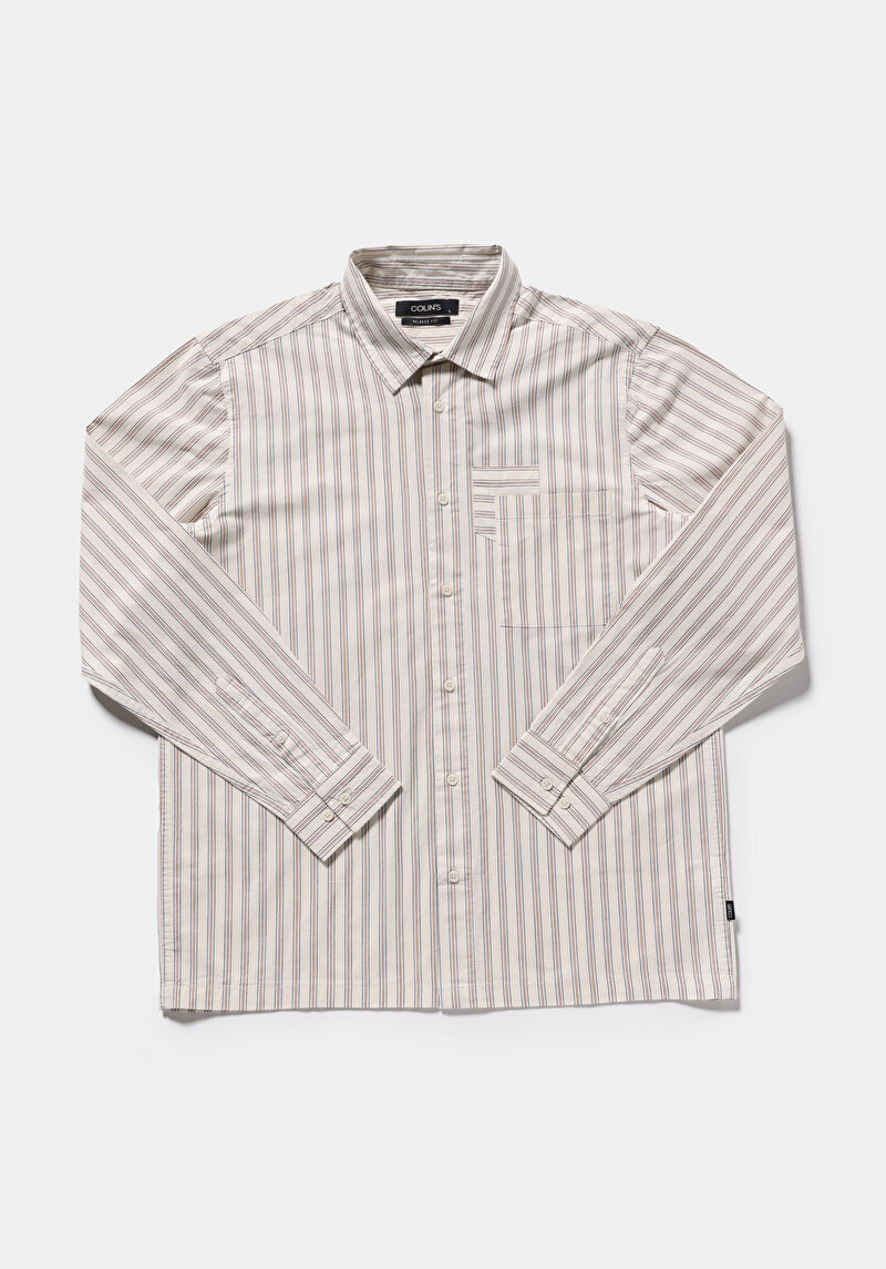 Relaxed Fit Shirt Neck Çizgili Erkek Ekru Uzun Kol Gömlek