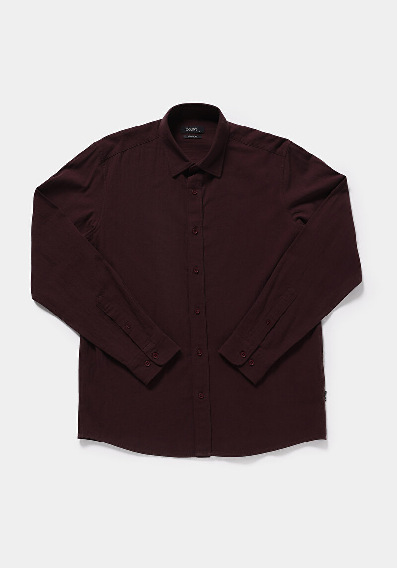 Regular Fit Shirt Neck Düz Erkek Bordo Uzun Kol Gömlek