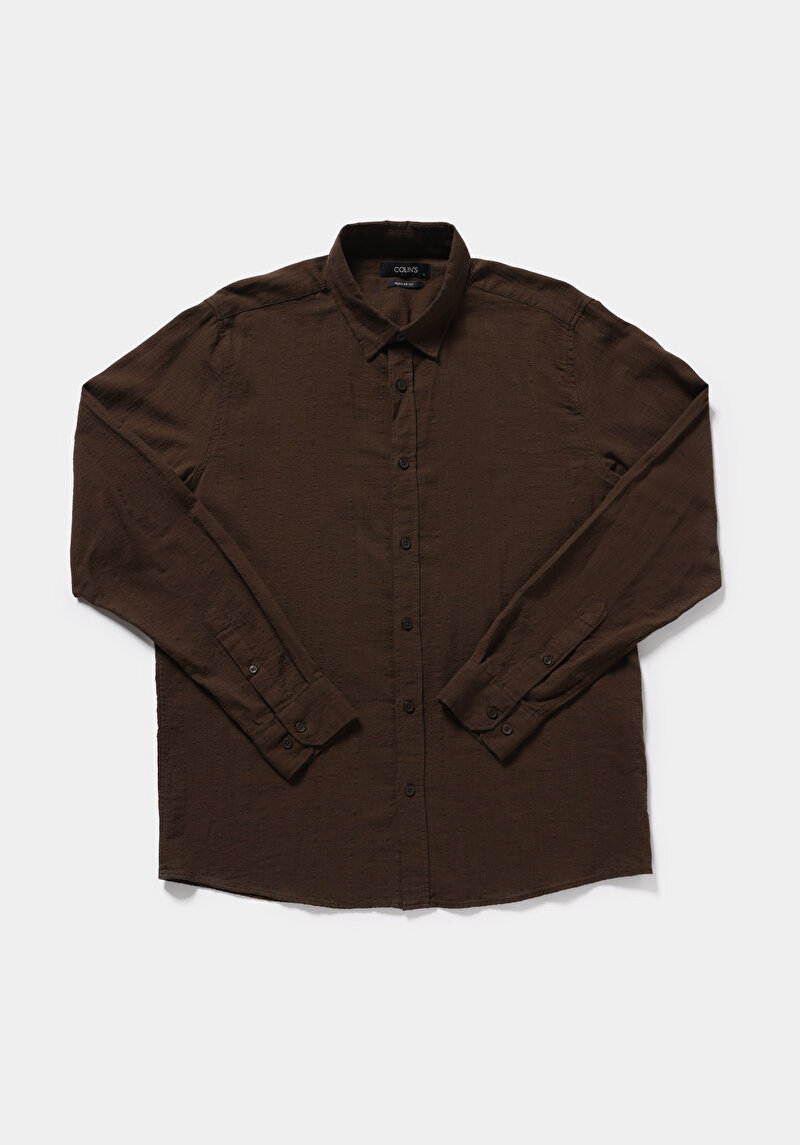 Regular Fit Shirt Neck Düz Erkek Kahverengi Uzun Kol Gömlek