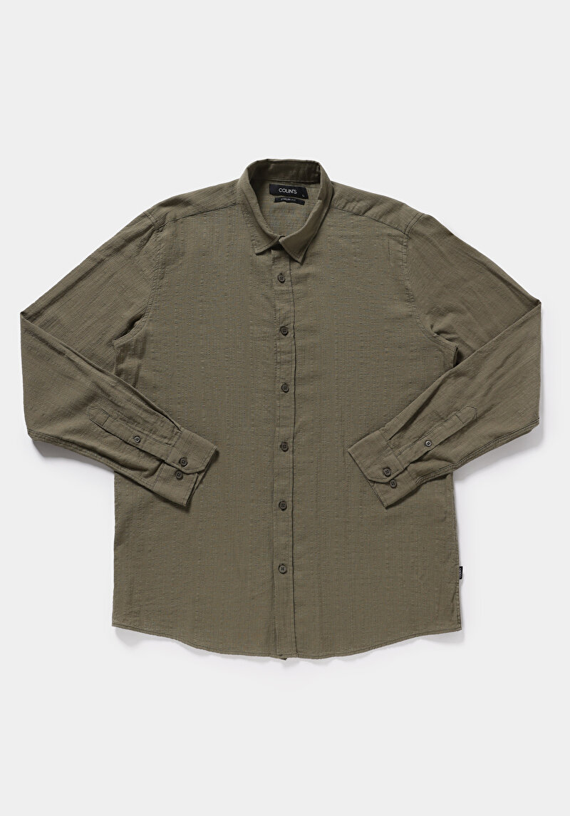 Regular Fit Shirt Neck Düz Erkek Yeşil Uzun Kol Gömlek