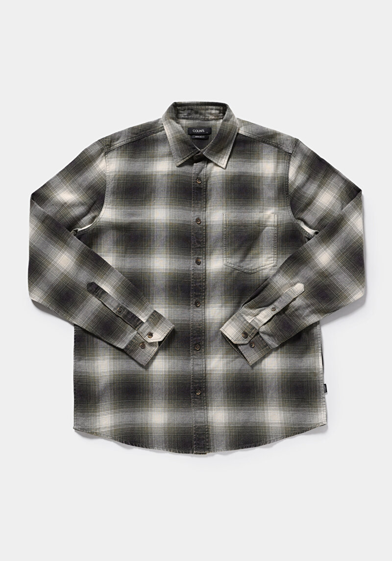 Regular Fit Shirt Neck Ekoseli Erkek Yeşil Uzun Kol Gömlek