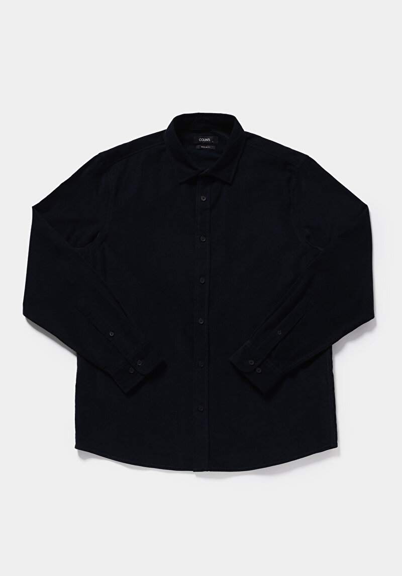 Regular Fit Shirt Neck Düz Erkek Lacivert Uzun Kol Gömlek