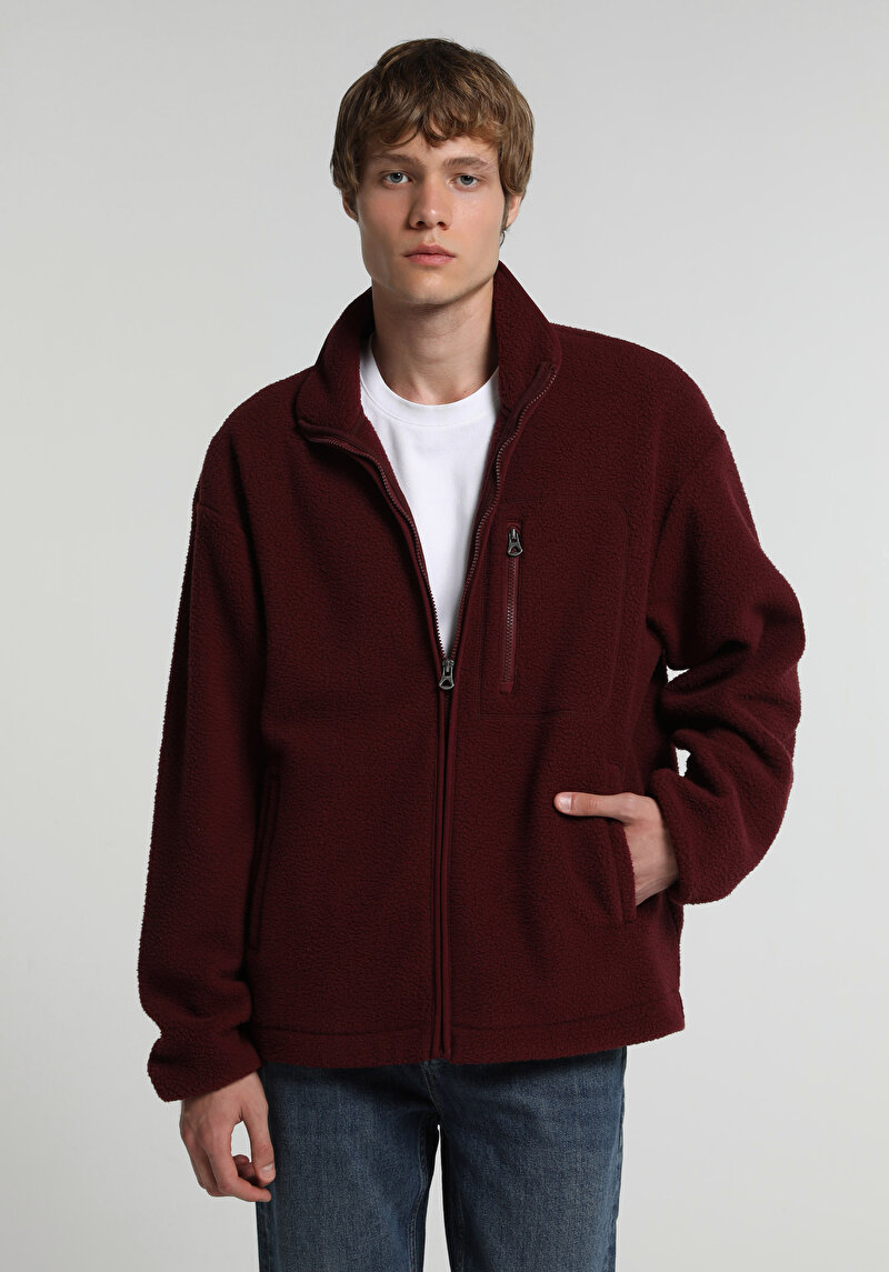 Relaxed Fit Fermuarlı Erkek Bordo Ceket