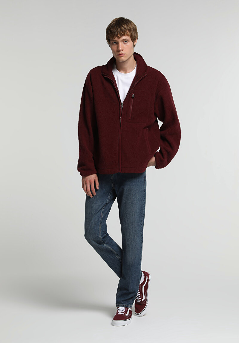 Relaxed Fit Fermuarlı   Erkek Bordo Ceket