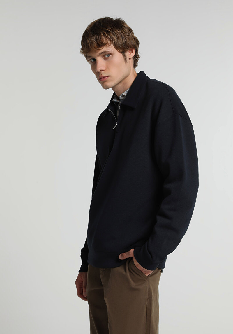 Relaxed Fit Polo Yaka Düz Erkek Lacivert Sweatshirt