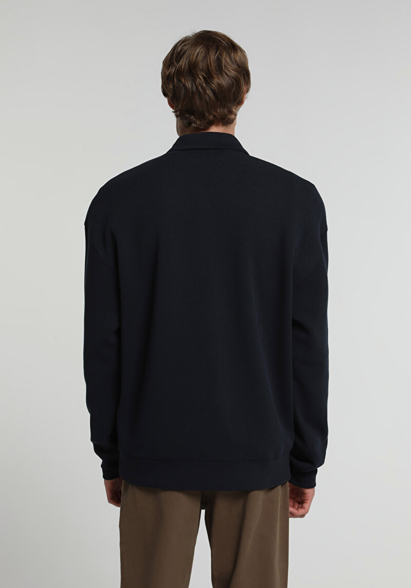 Relaxed Fit Polo Yaka Düz Erkek Lacivert Sweatshirt