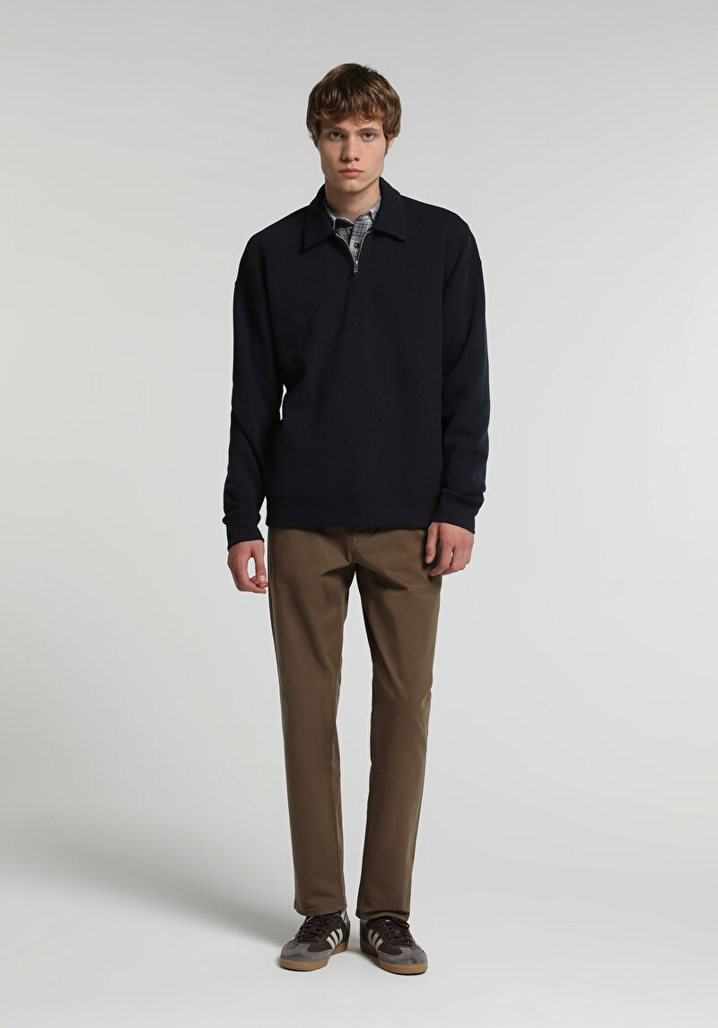 Relaxed Fit Polo Yaka Düz Erkek Lacivert Sweatshirt