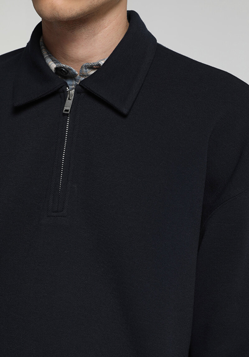 Relaxed Fit Polo Yaka Düz Erkek Lacivert Sweatshirt