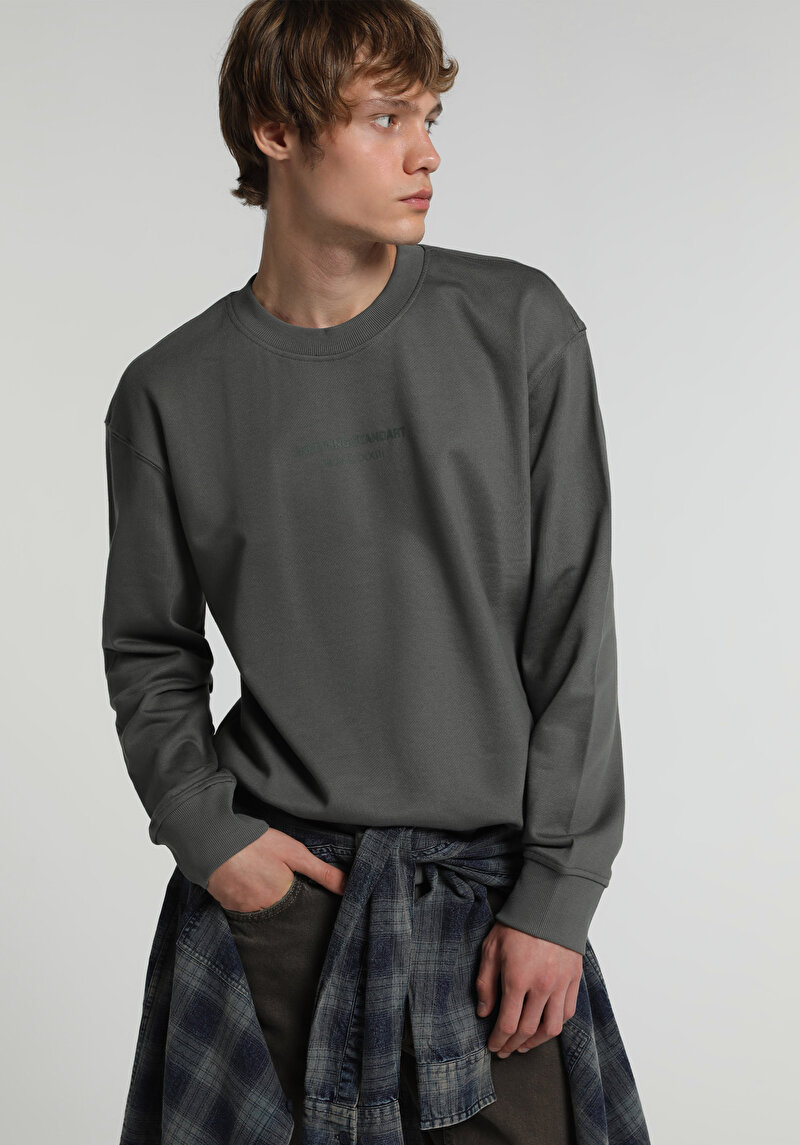 Relaxed Fit Yuvarlak Yaka Düz Erkek Yeşil Sweatshirt