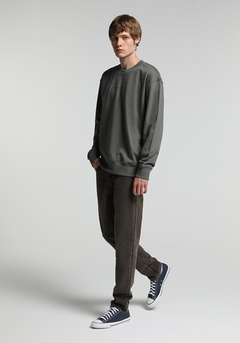 Relaxed Fit Yuvarlak Yaka Düz Erkek Yeşil Sweatshirt