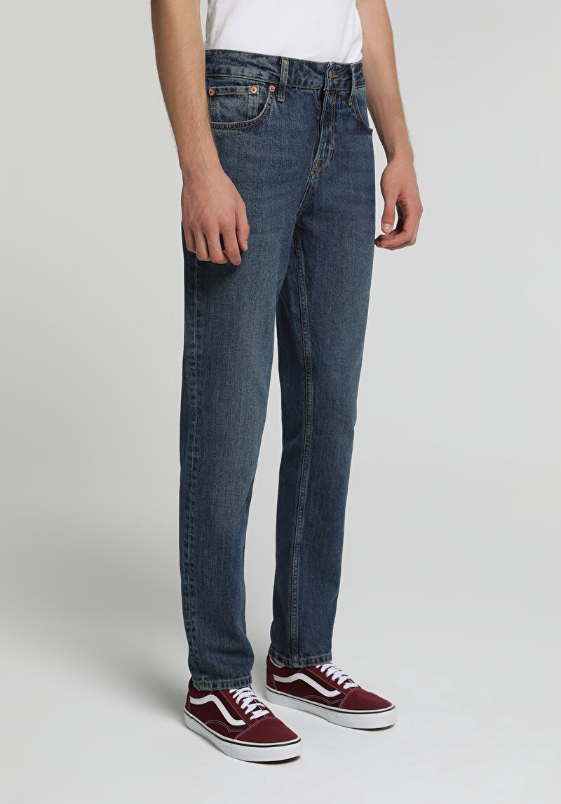 Straight Fit Orta Bel Düz Paça Erkek Dark İndigo Denim Jean Pantolon