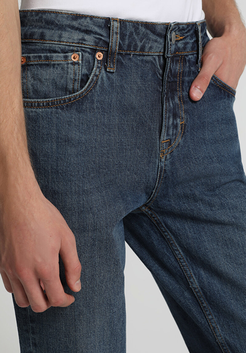 Straight Fit Orta Bel Düz Paça Erkek Dark İndigo Denim Jean Pantolon