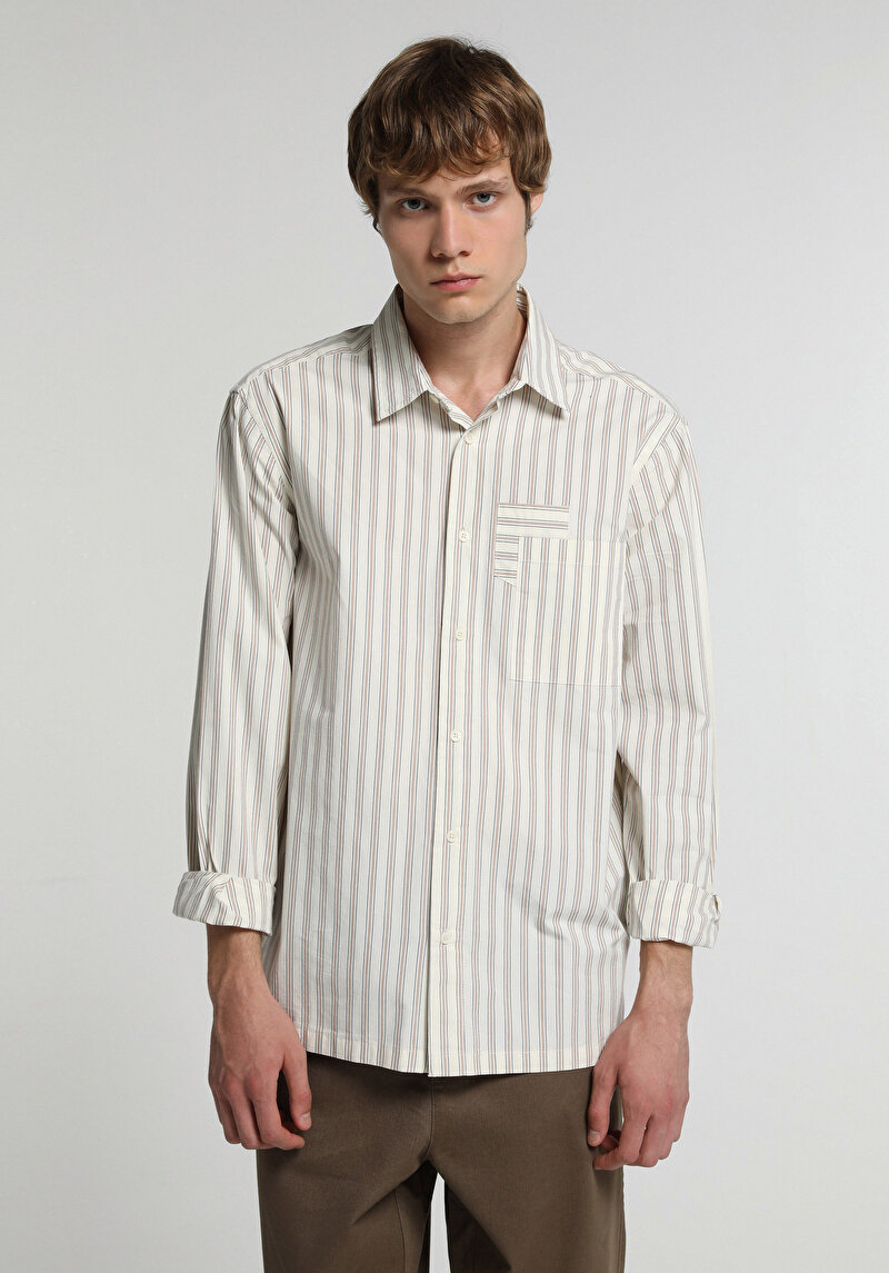 Relaxed Fit Shirt Neck Çizgili Erkek Ekru Uzun Kol Gömlek