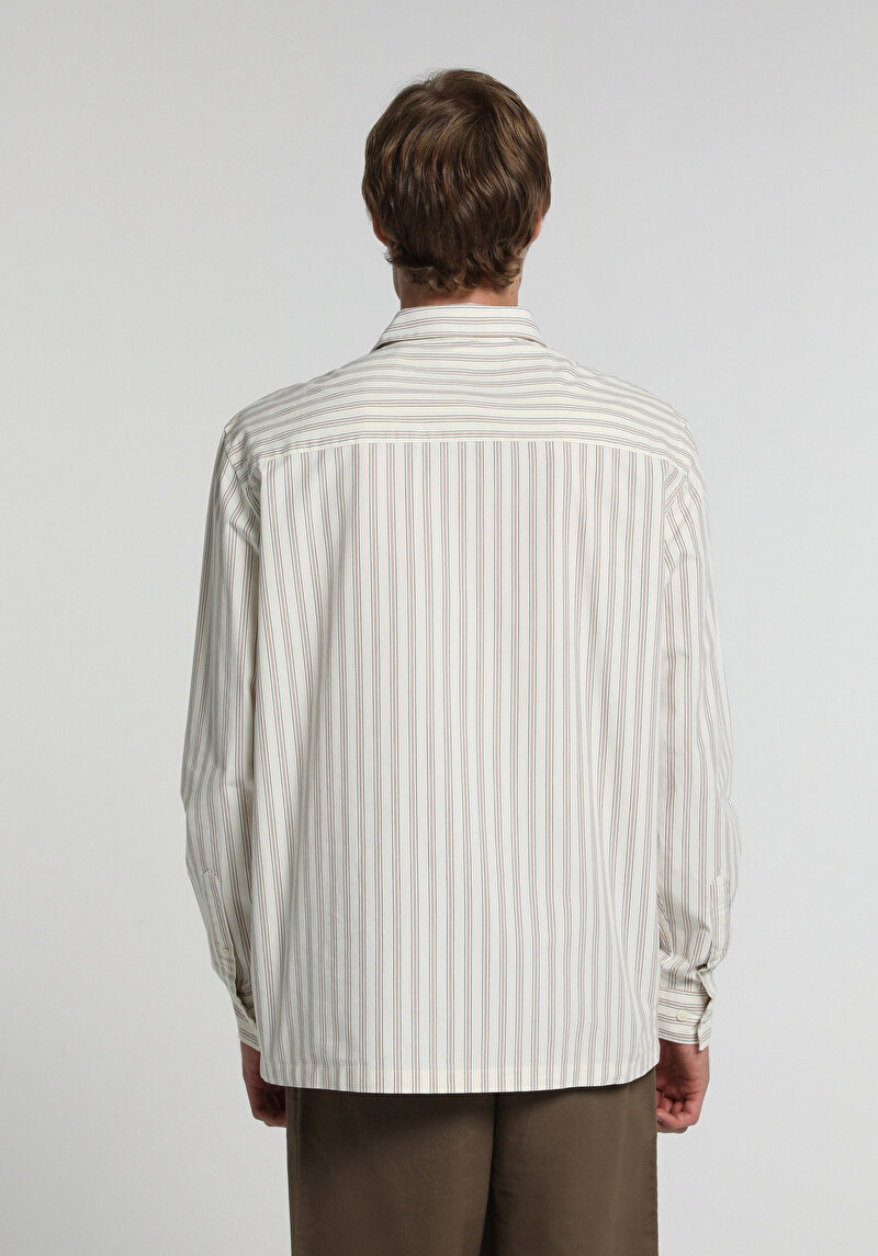 Relaxed Fit Shirt Neck Çizgili Erkek Ekru Uzun Kol Gömlek