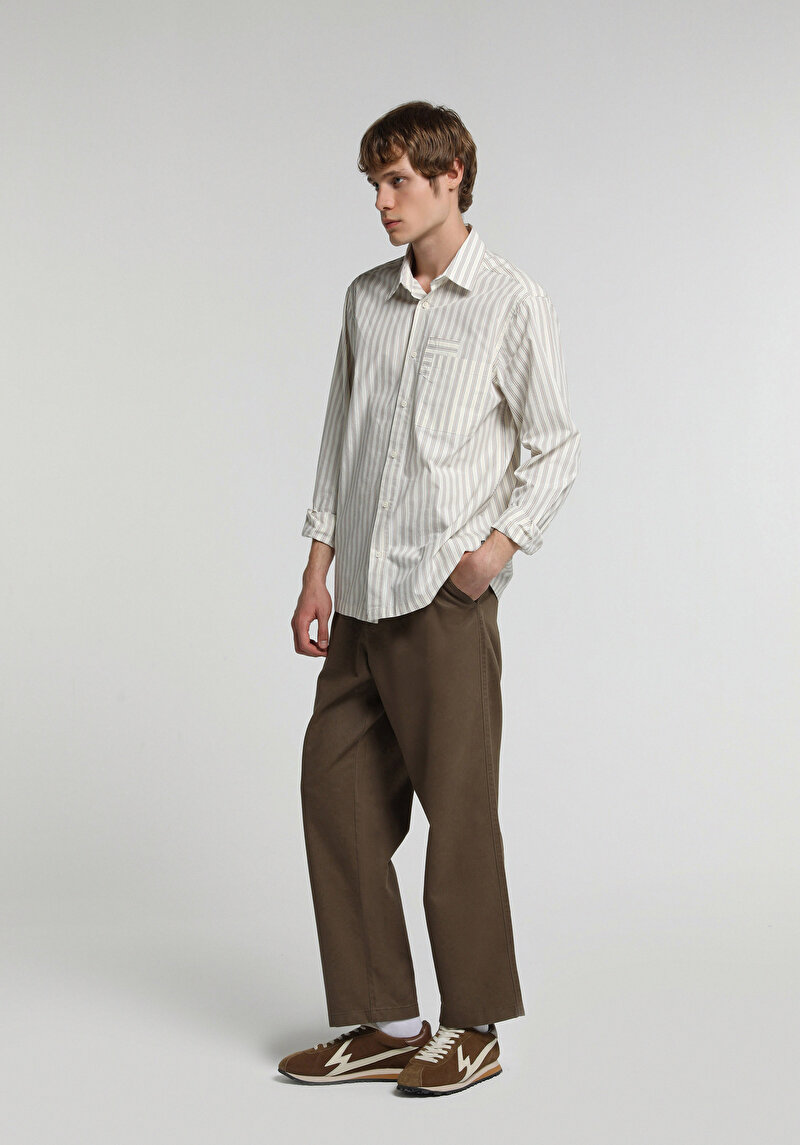 Relaxed Fit Shirt Neck Çizgili Erkek Ekru Uzun Kol Gömlek