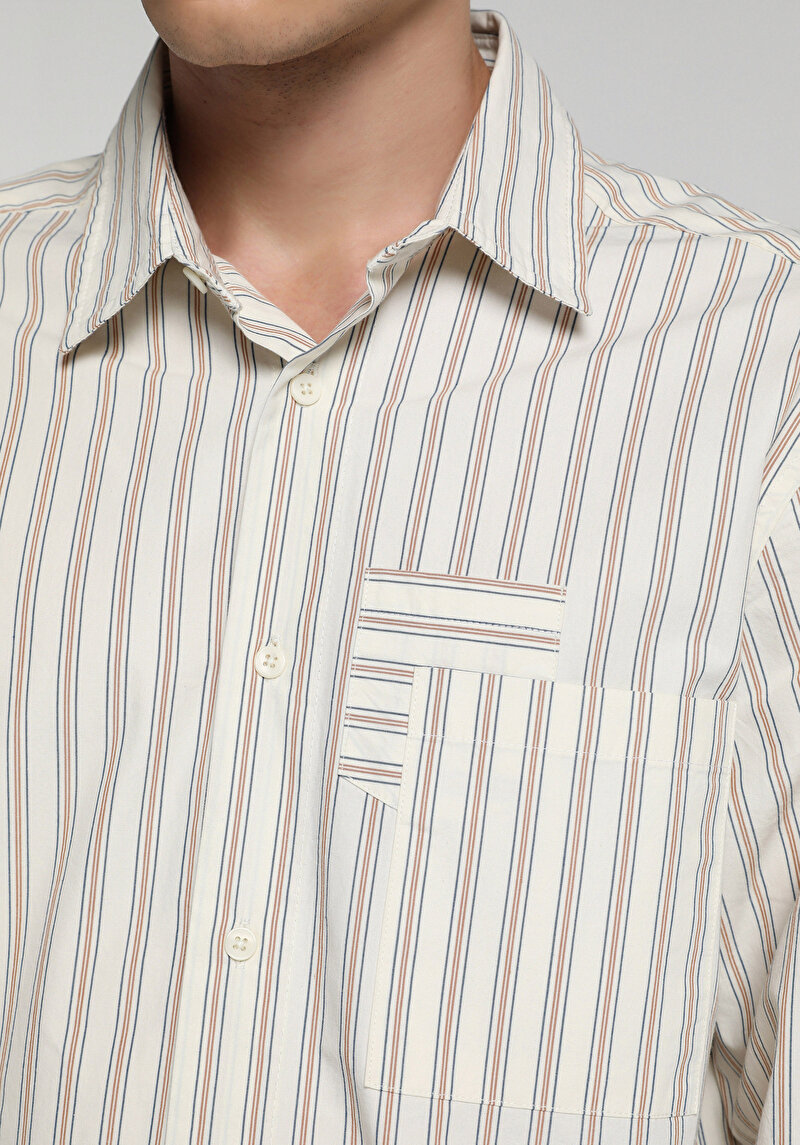 Relaxed Fit Shirt Neck Çizgili Erkek Ekru Uzun Kol Gömlek