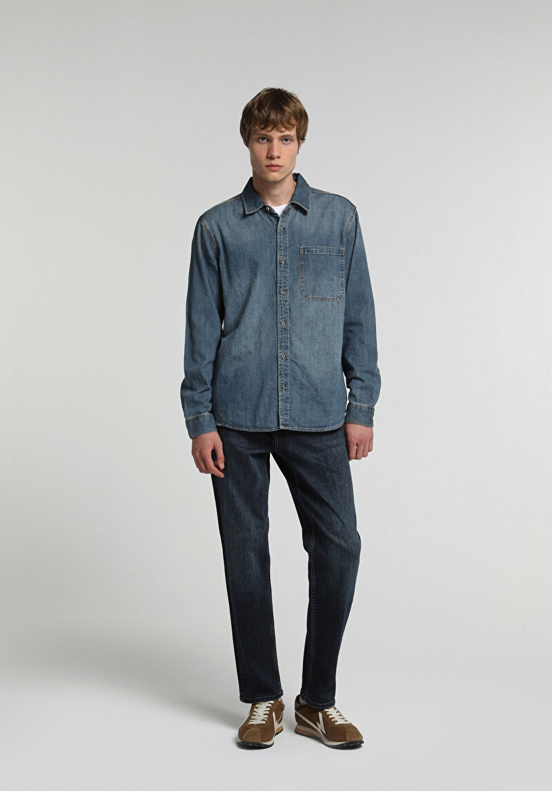 Loose Straight Fit   Erkek Blue Black Denim Jean Pantolon
