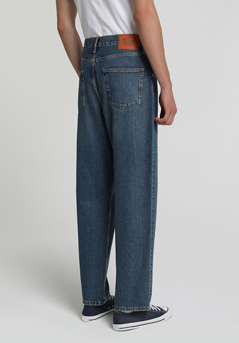 Baggy Fit Erkek Mid İndigo Denim Jean Pantolon