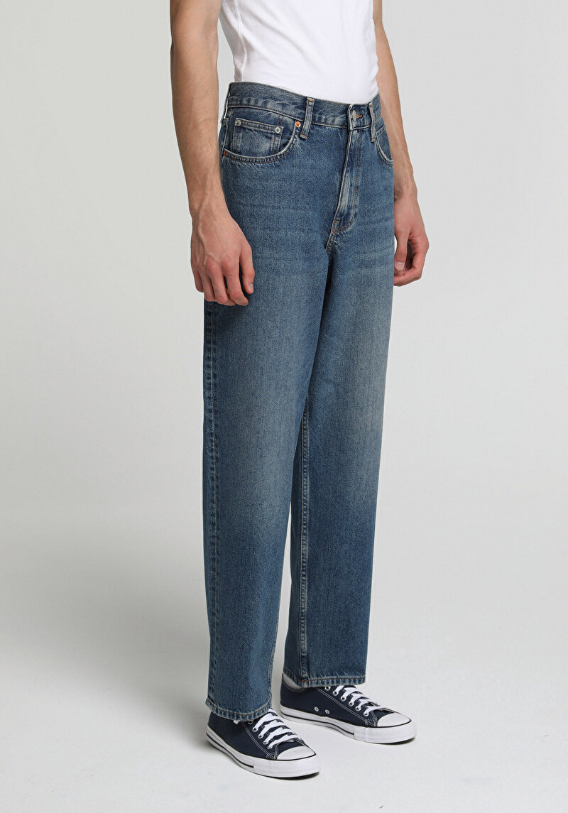 Baggy Fit   Erkek Mid İndigo Denim Jean Pantolon