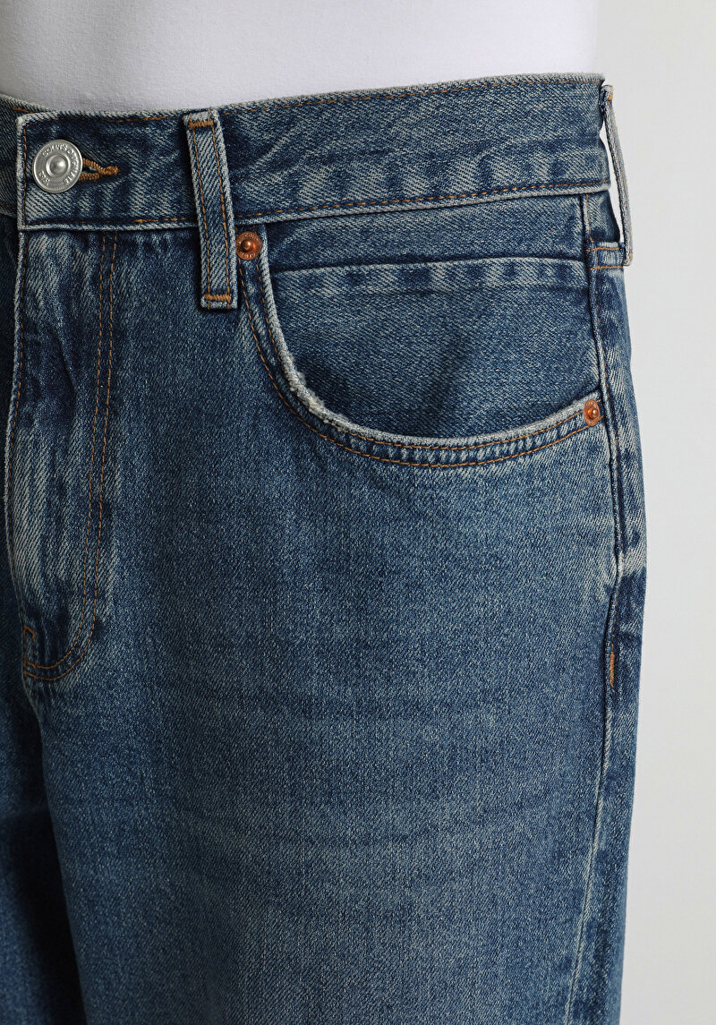 Baggy Fit   Erkek Mid İndigo Denim Jean Pantolon