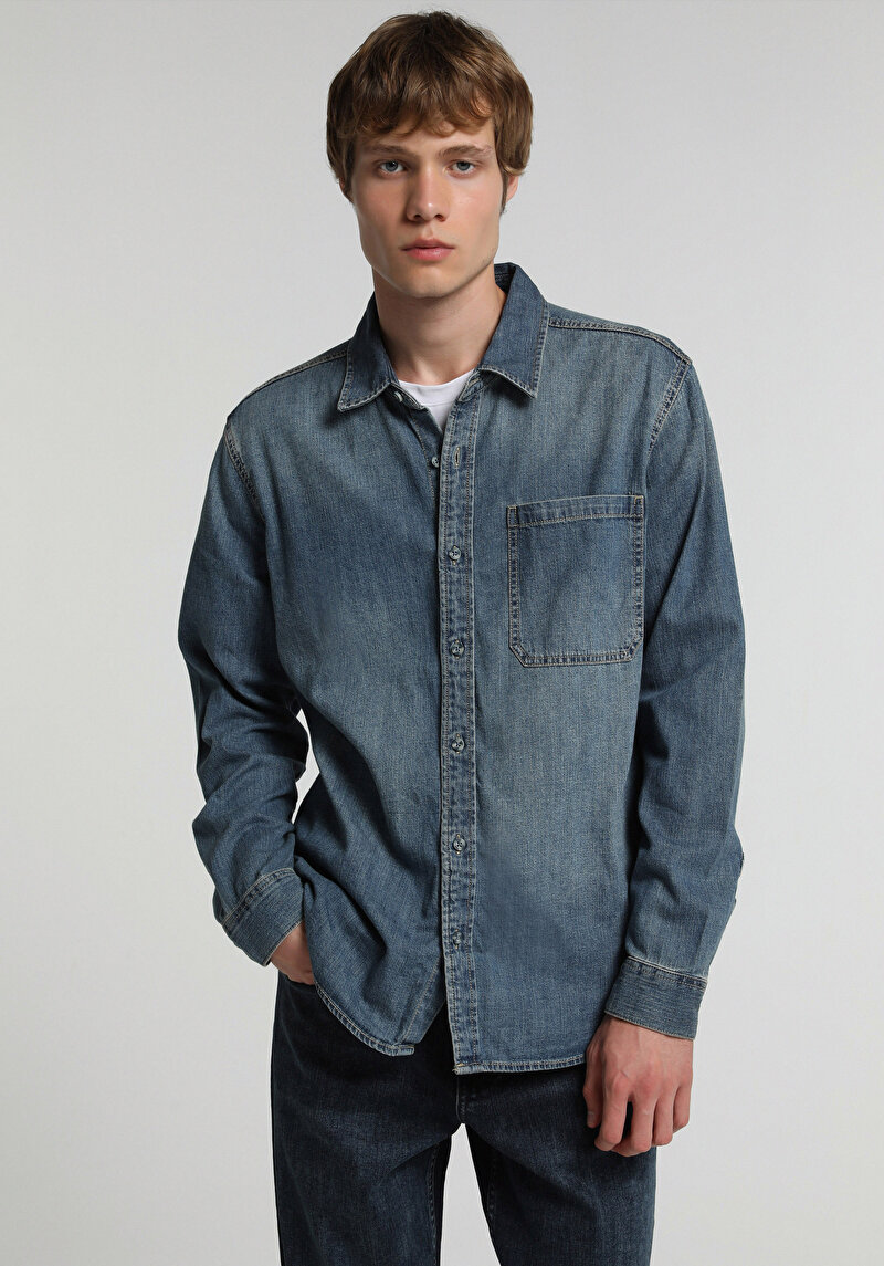 Regular Fit Klasik Yaka Düz Erkek Mid İndigo Denim Uzun Kol Gömlek