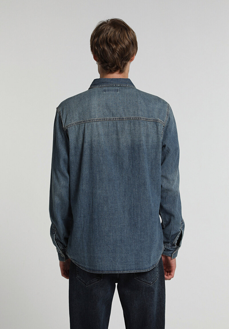 Regular Fit Klasik Yaka Düz Erkek Mid İndigo Denim Uzun Kol Gömlek