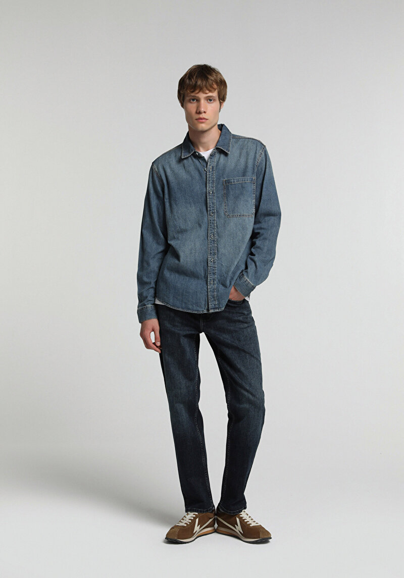 Regular Fit Klasik Yaka Düz Erkek Mid İndigo Denim Uzun Kol Gömlek