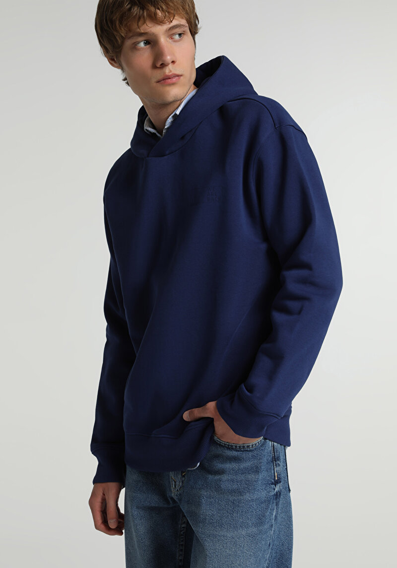 Relaxed Fit Kapüşonlu Düz Erkek Mavi Sweatshirt