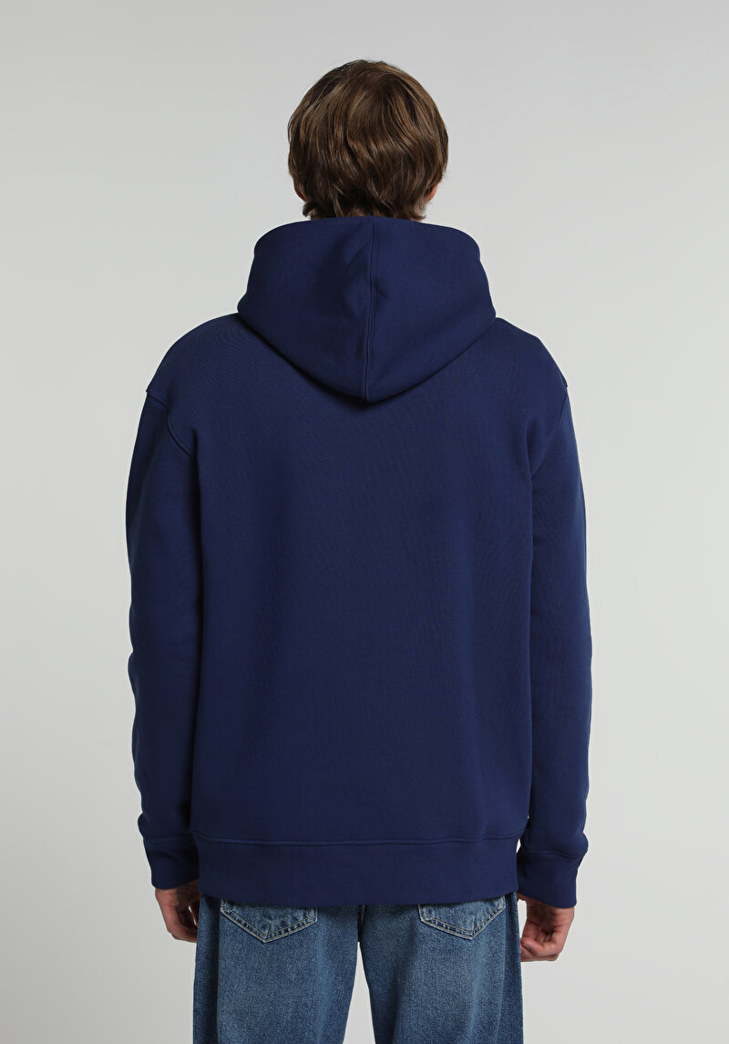Relaxed Fit Kapüşonlu Düz Erkek Mavi Sweatshirt