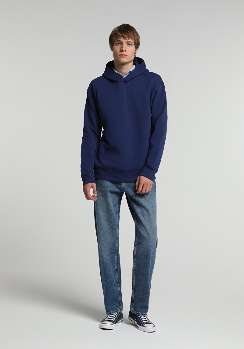 Relaxed Fit Kapüşonlu Düz Erkek Mavi Sweatshirt