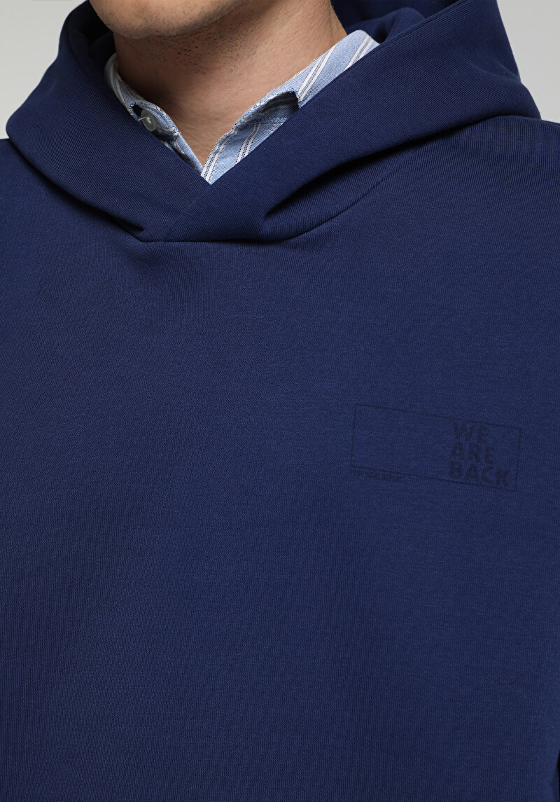 Relaxed Fit Kapüşonlu Düz Erkek Mavi Sweatshirt