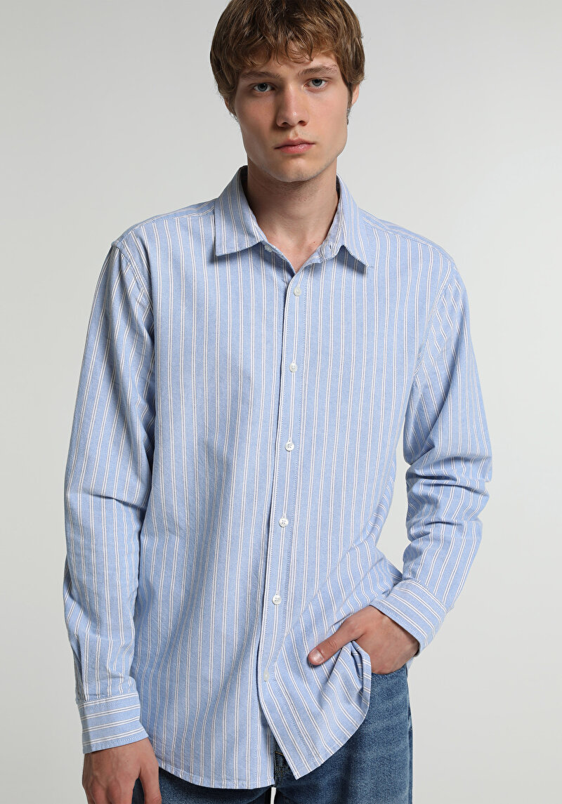 Regular Fit Shirt Neck Çizgili Erkek Mavi Uzun Kol Gömlek