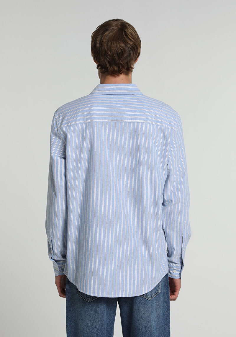 Regular Fit Shirt Neck Çizgili Erkek Mavi Uzun Kol Gömlek