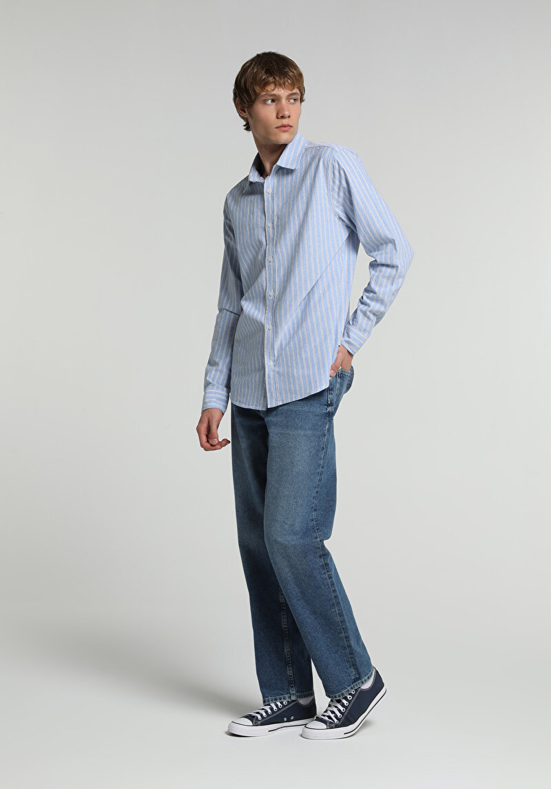 Regular Fit Shirt Neck Çizgili Erkek Mavi Uzun Kol Gömlek