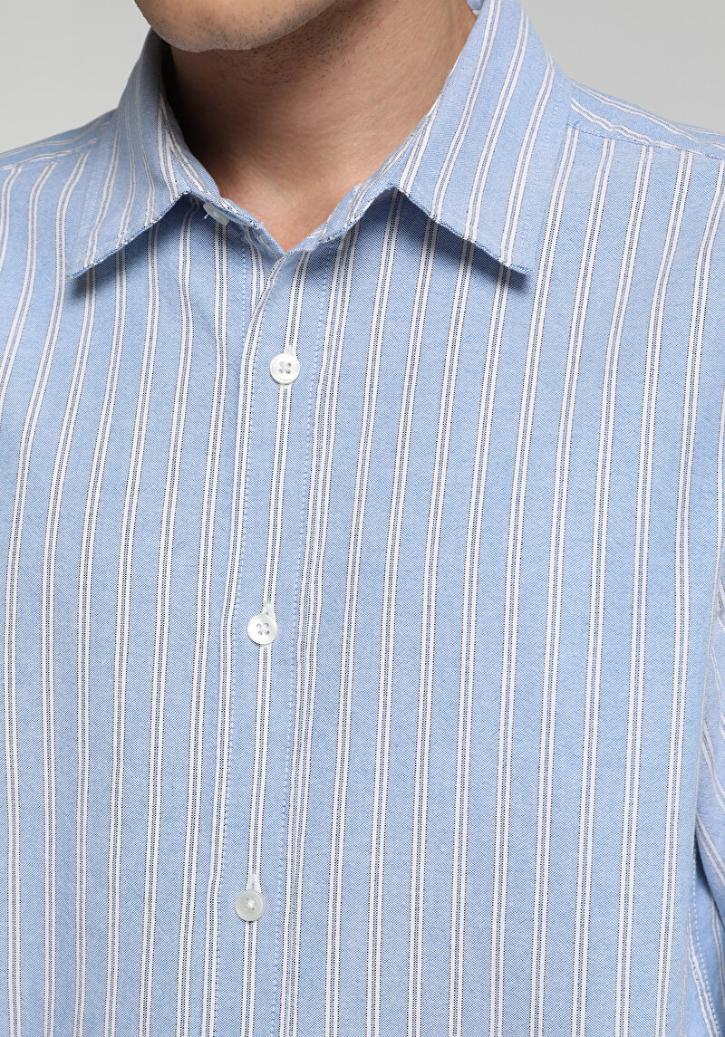 Regular Fit Shirt Neck Çizgili Erkek Mavi Uzun Kol Gömlek