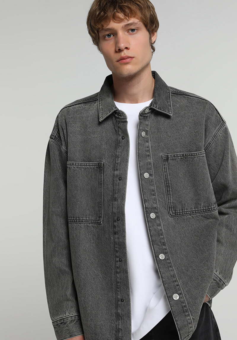Oversize Fit   Erkek Grey Denim Shacket
