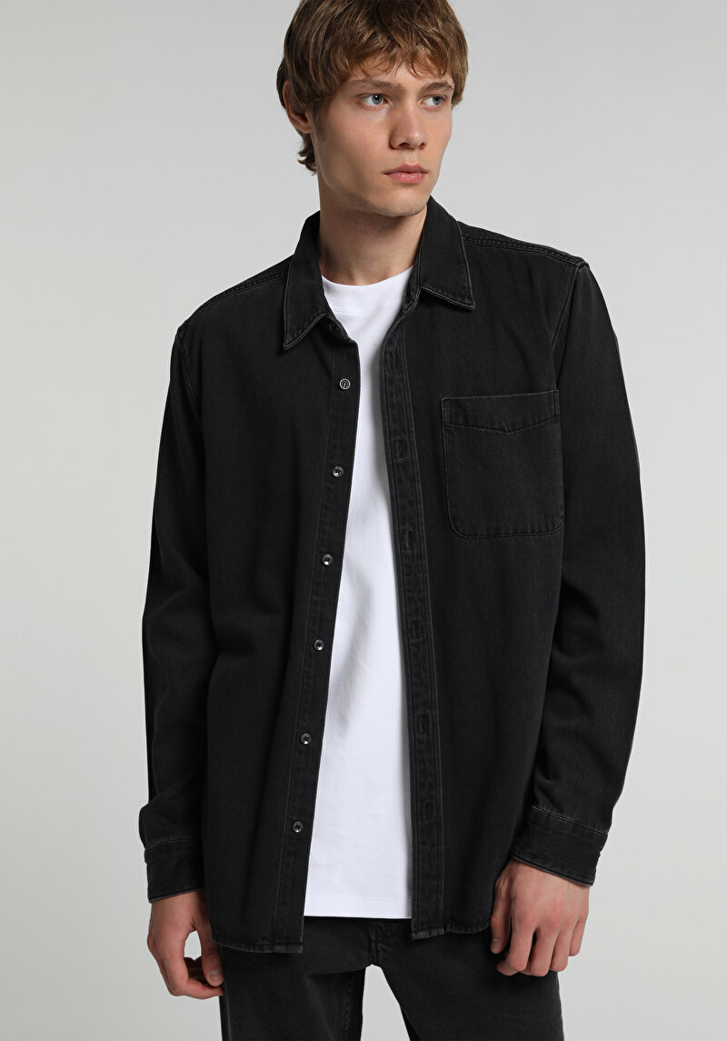 Regular Fit Klasik Yaka Düz Erkek Black Denim Uzun Kol Gömlek