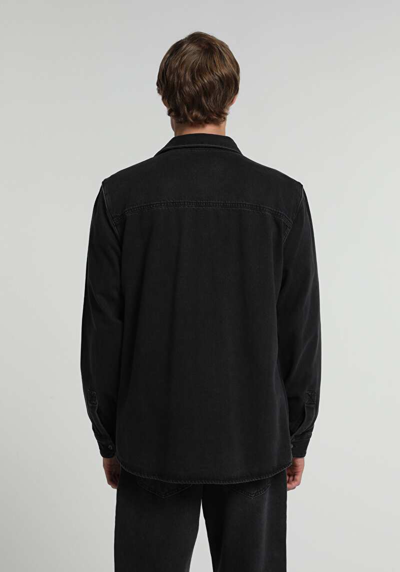 Regular Fit Klasik Yaka Düz Erkek Black Denim Uzun Kol Gömlek