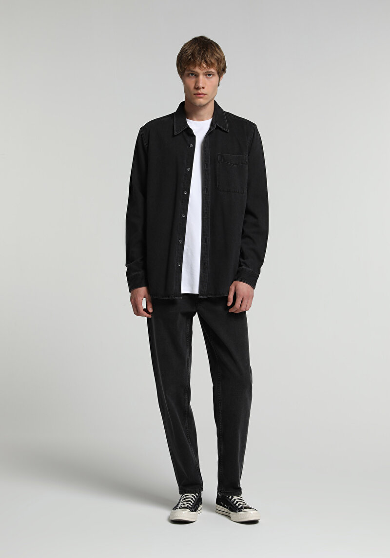 Regular Fit Klasik Yaka Düz Erkek Black Denim Uzun Kol Gömlek