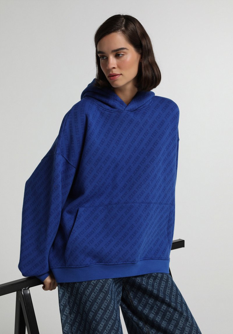 Oversize Fit Kapüşonlu Baskılı Erkek Mavi Sweatshirt
