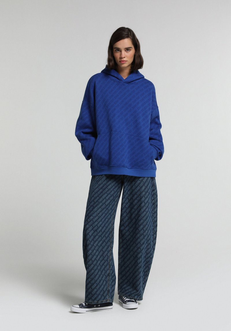 Oversize Fit Kapüşonlu Baskılı Erkek Mavi Sweatshirt