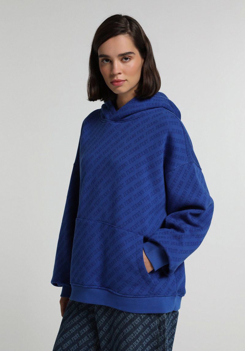 Oversize Fit Kapüşonlu Baskılı Erkek Mavi Sweatshirt