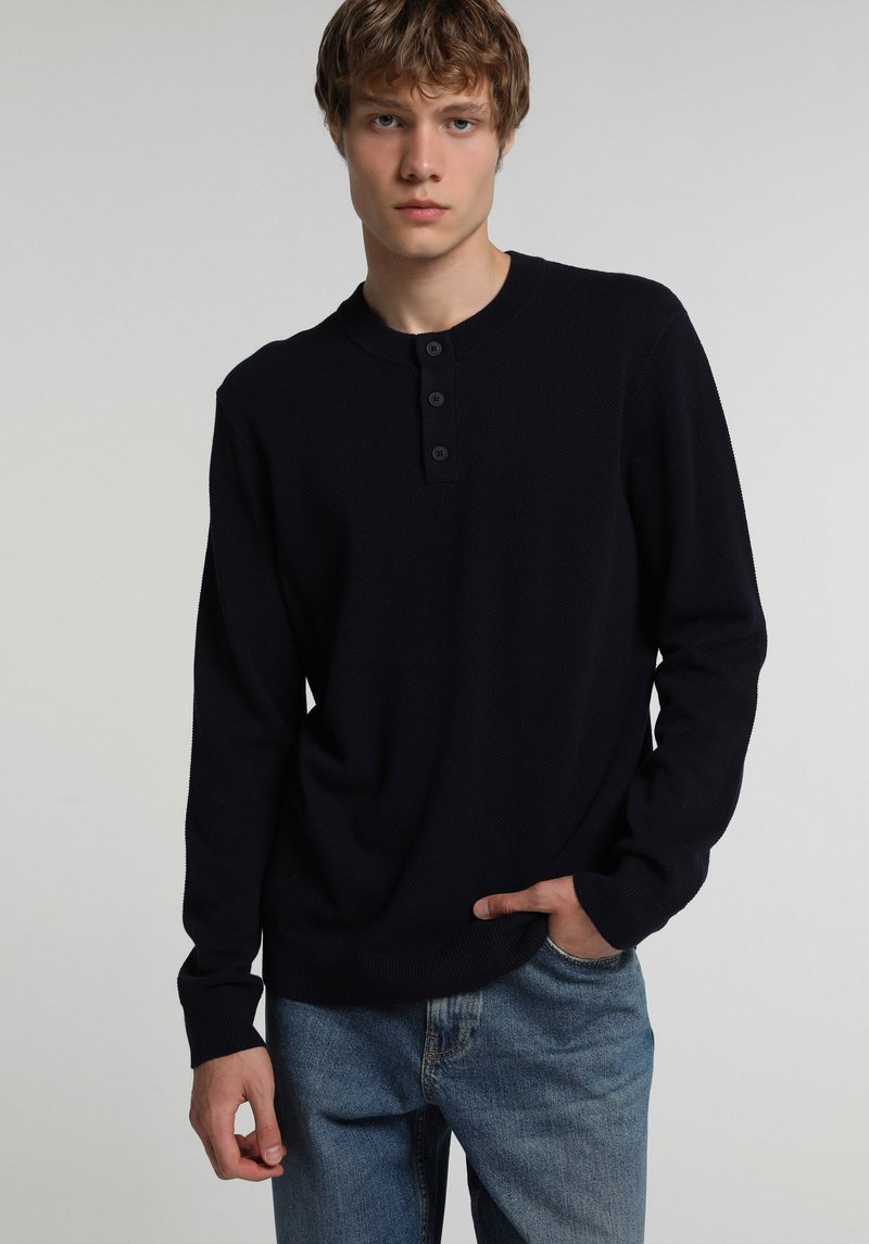 Regular Fit Placket Neck Düz Erkek Lacivert Kazak