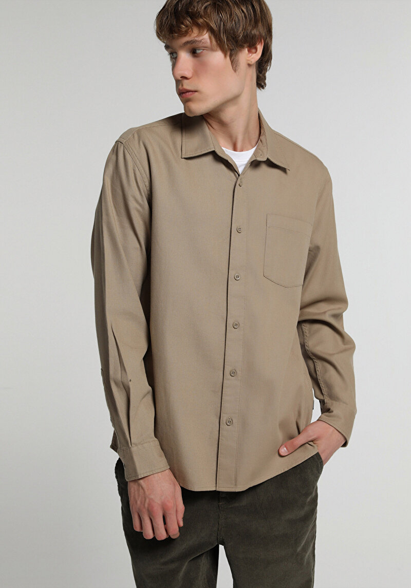 Regular Fit Shirt Neck Düz Erkek Kahverengi Uzun Kol Gömlek