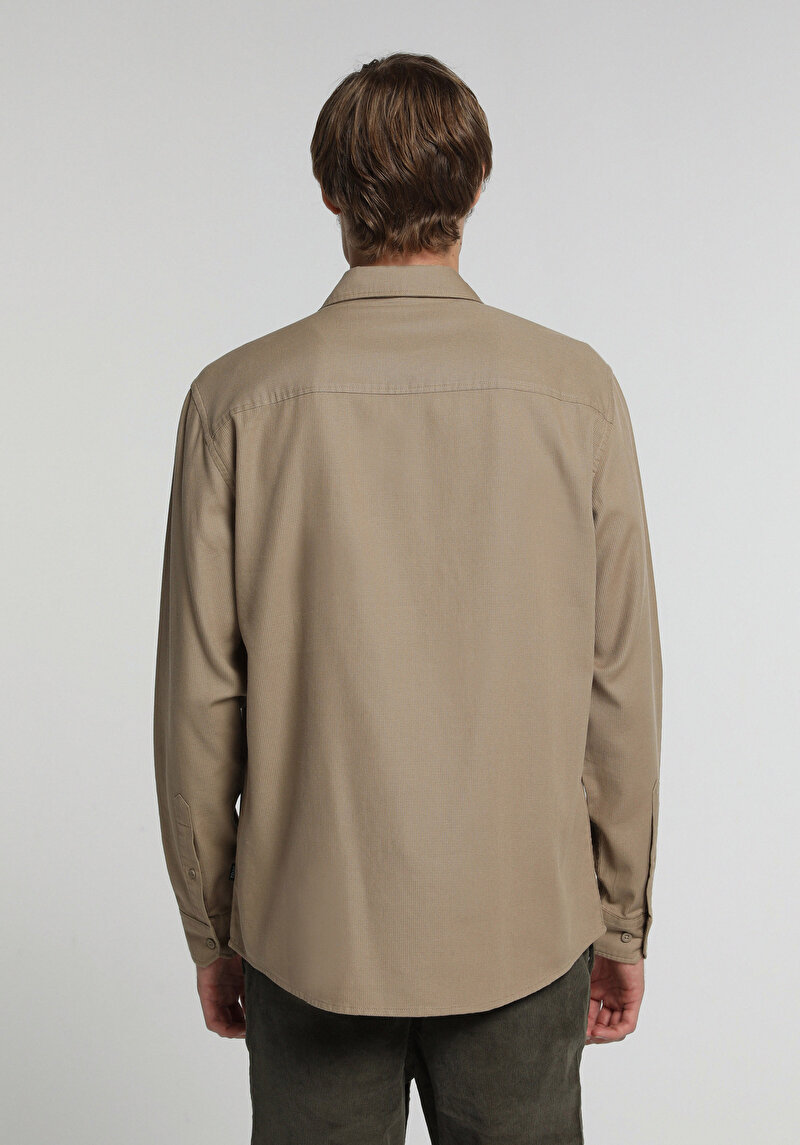 Regular Fit Shirt Neck Düz Erkek Kahverengi Uzun Kol Gömlek