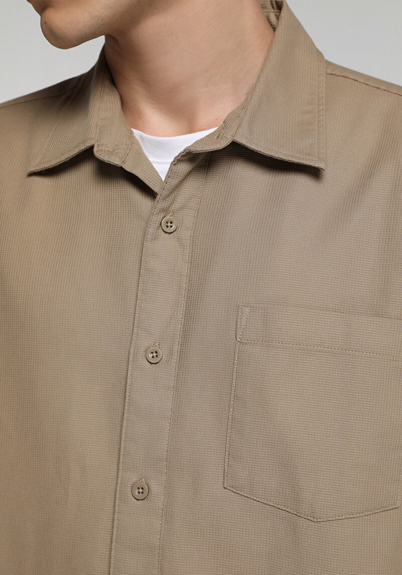 Regular Fit Shirt Neck Düz Erkek Kahverengi Uzun Kol Gömlek