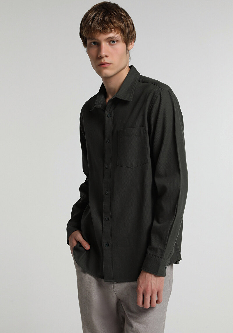 Regular Fit Shirt Neck Düz Erkek Yeşil Uzun Kol Gömlek