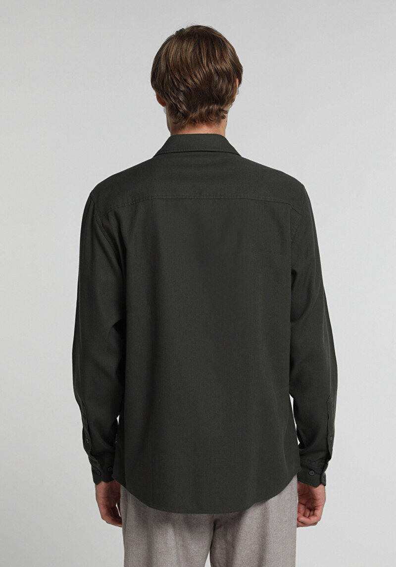 Regular Fit Shirt Neck Düz Erkek Yeşil Uzun Kol Gömlek
